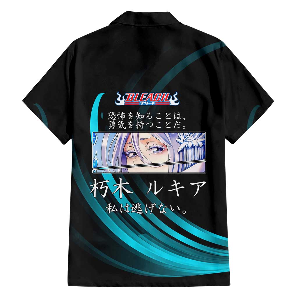 Rukia Kuchiki Bleach Anime Black and Teal Theme Family Matching Off Shoulder Maxi Dress and Hawaiian Shirt with Zanpakuto Pose and Japanese Quote Design