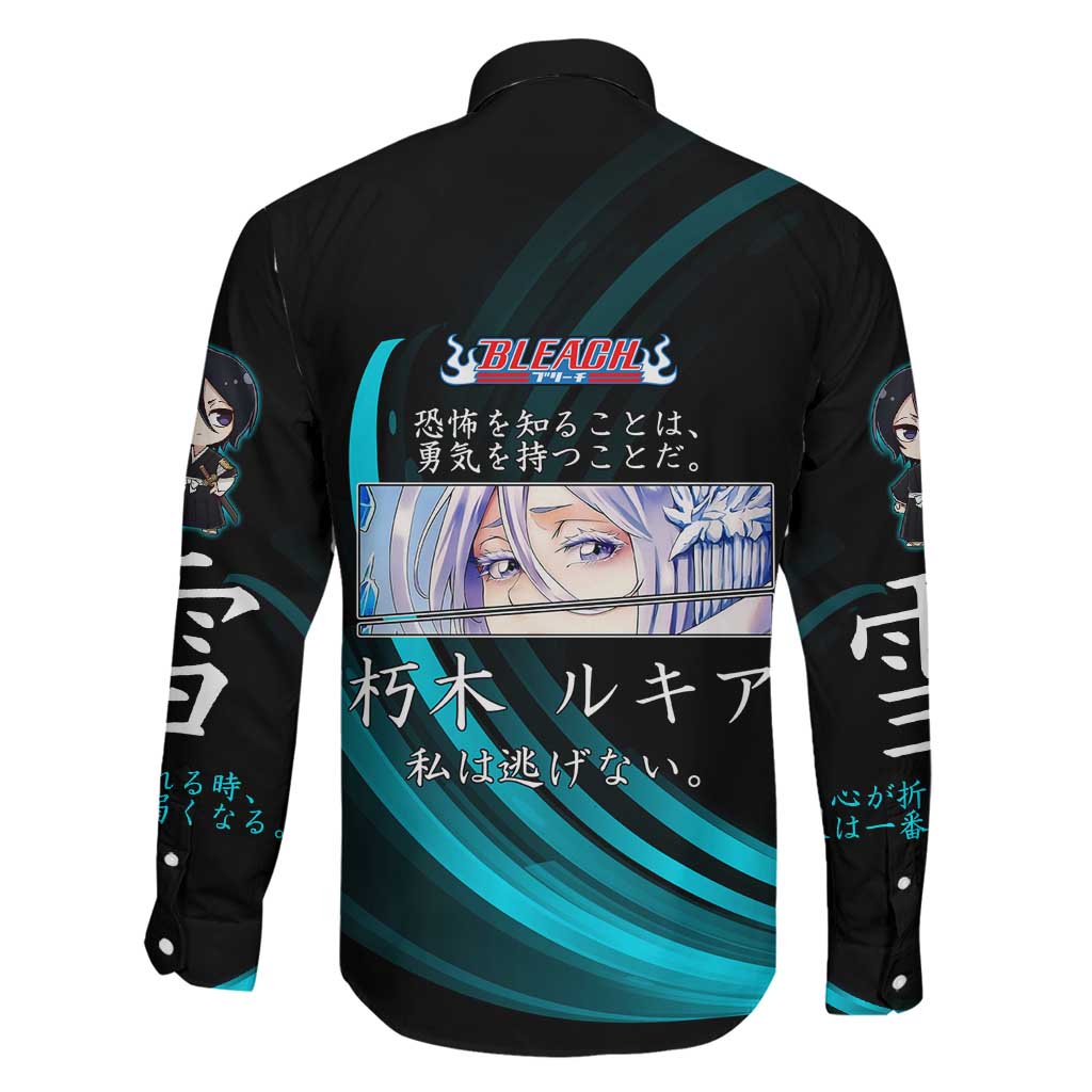 Rukia Kuchiki Bleach Anime Black and Teal Theme Family Matching Off Shoulder Maxi Dress and Hawaiian Shirt with Zanpakuto Pose and Japanese Quote Design