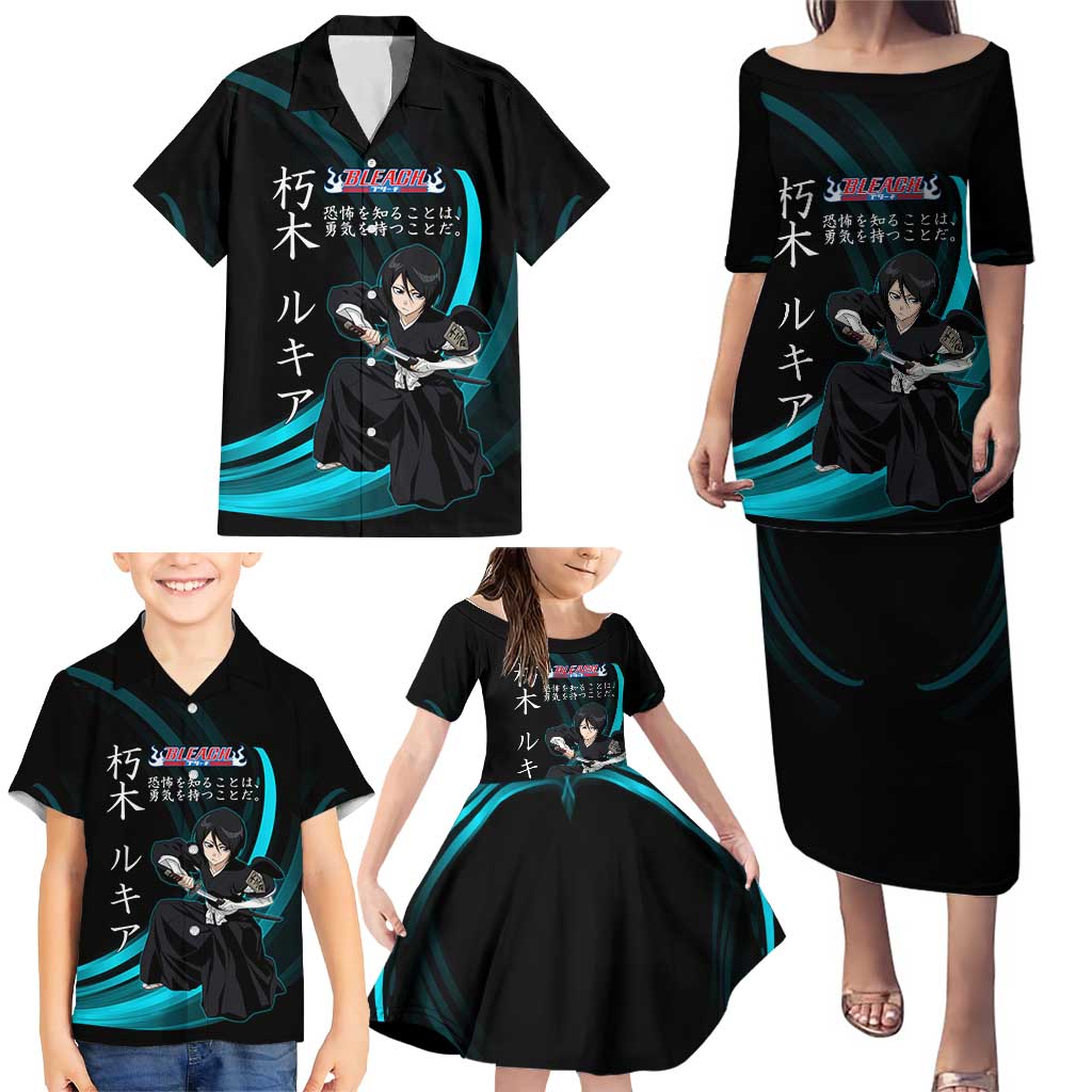 Rukia Kuchiki Bleach Anime Black and Teal Theme Family Matching Puletasi and Hawaiian Shirt with Zanpakuto Pose and Japanese Quote Design