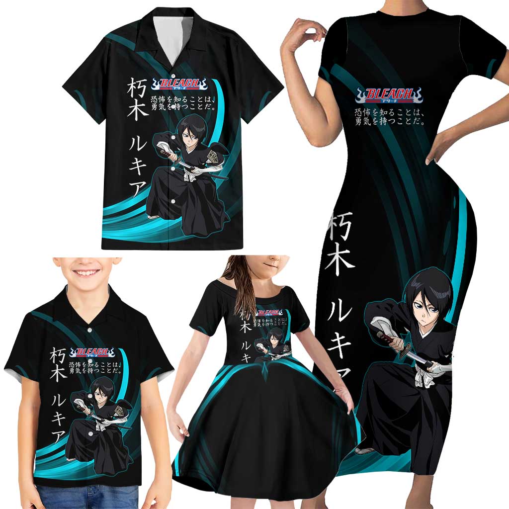 Rukia Kuchiki Bleach Anime Black and Teal Theme Family Matching Short Sleeve Bodycon Dress and Hawaiian Shirt with Zanpakuto Pose and Japanese Quote Design