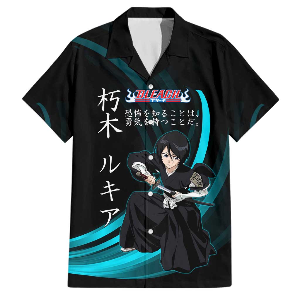 Rukia Kuchiki Bleach Anime Black and Teal Theme Family Matching Short Sleeve Bodycon Dress and Hawaiian Shirt with Zanpakuto Pose and Japanese Quote Design