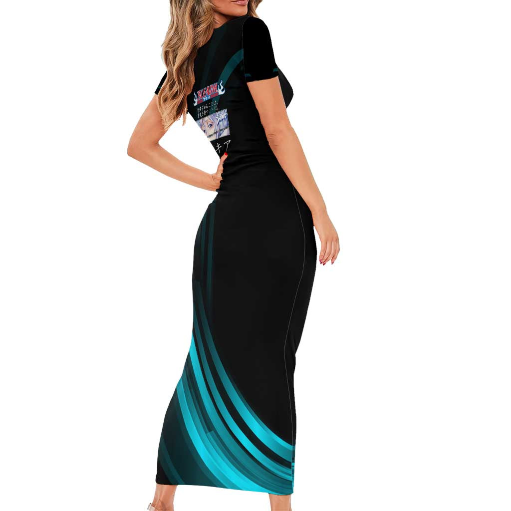 Rukia Kuchiki Bleach Anime Black and Teal Theme Family Matching Short Sleeve Bodycon Dress and Hawaiian Shirt with Zanpakuto Pose and Japanese Quote Design