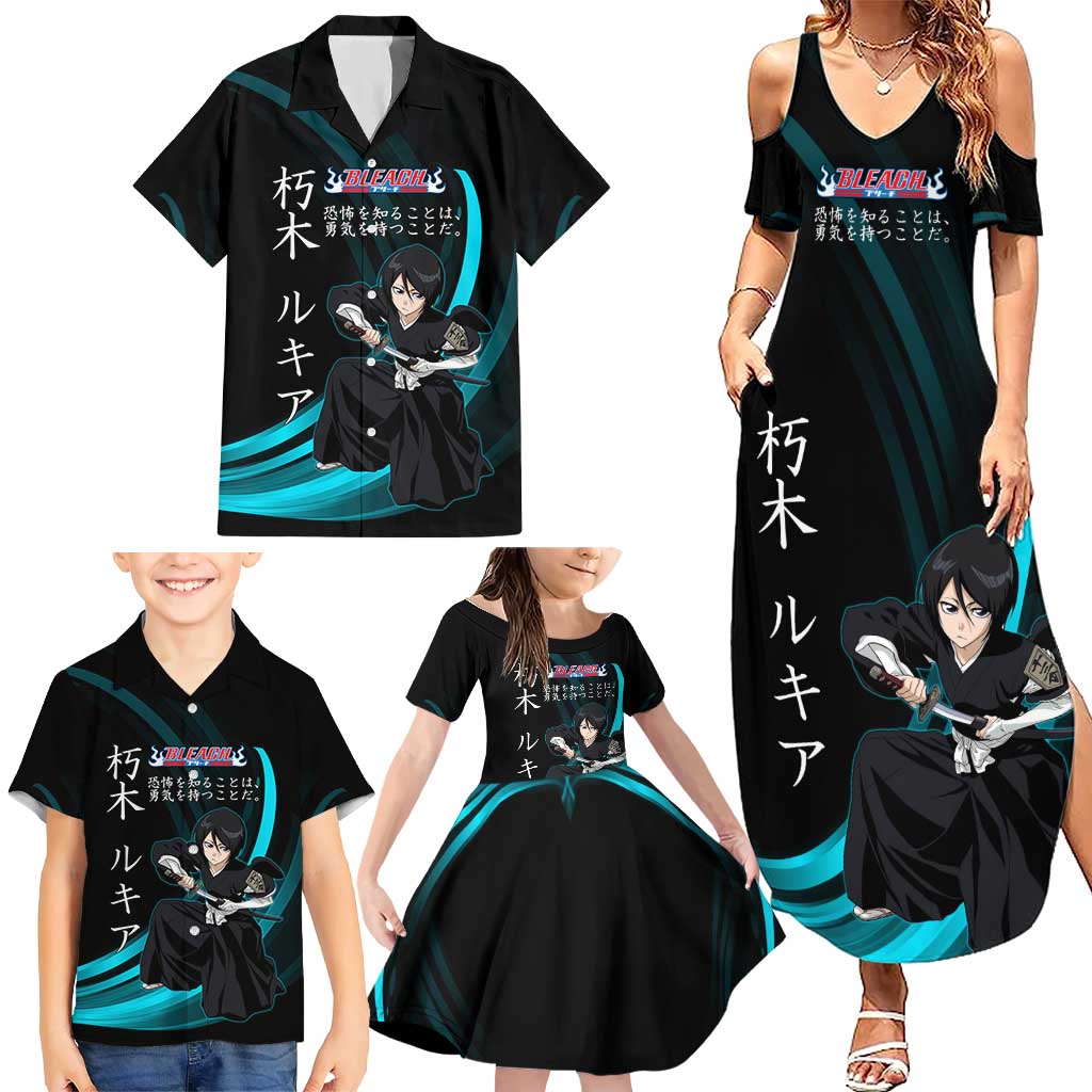 Rukia Kuchiki Bleach Anime Black and Teal Theme Family Matching Summer Maxi Dress and Hawaiian Shirt with Zanpakuto Pose and Japanese Quote Design