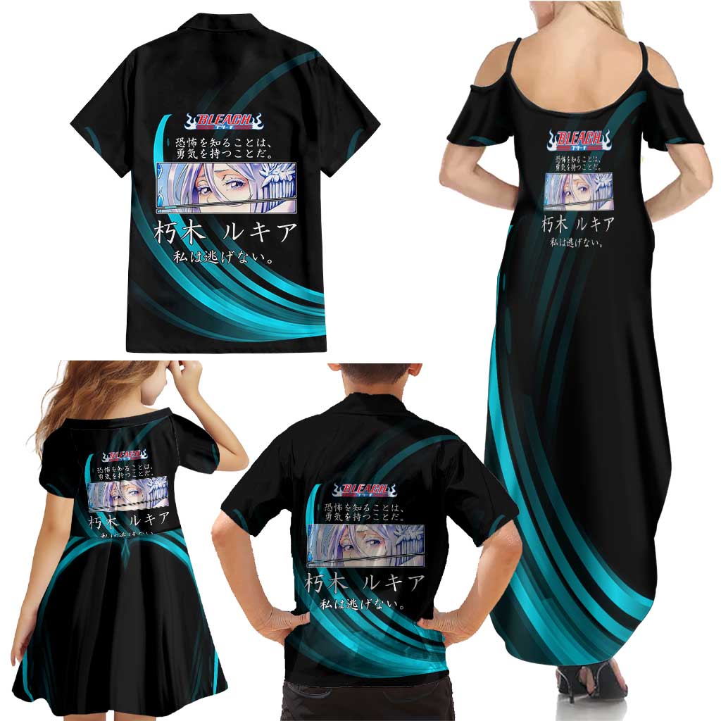 Rukia Kuchiki Bleach Anime Black and Teal Theme Family Matching Summer Maxi Dress and Hawaiian Shirt with Zanpakuto Pose and Japanese Quote Design