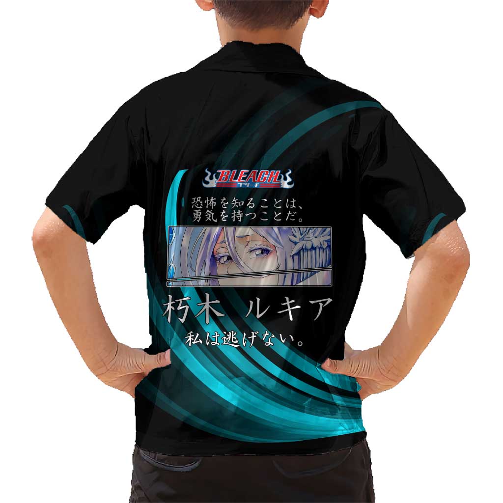 Rukia Kuchiki Bleach Anime Black and Teal Theme Family Matching Tank Maxi Dress and Hawaiian Shirt with Zanpakuto Pose and Japanese Quote Design
