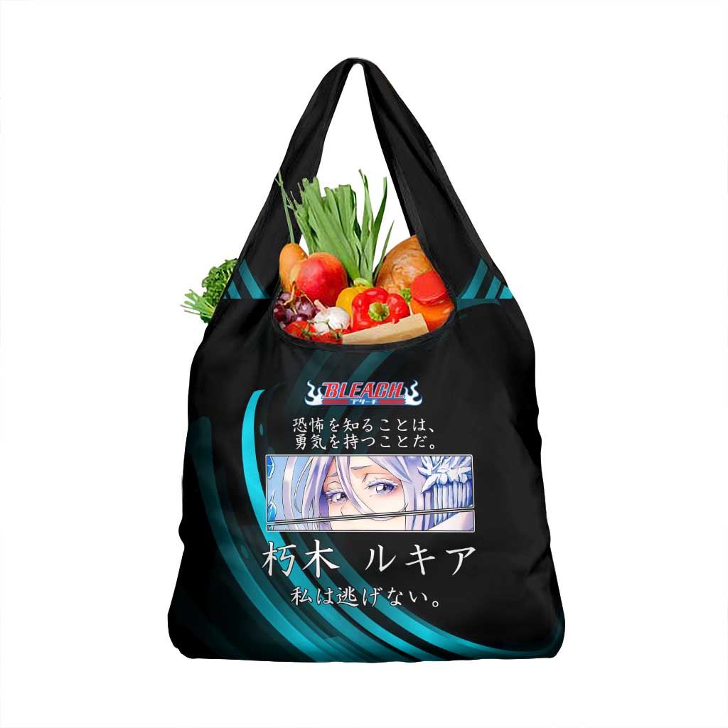 Rukia Kuchiki Bleach Anime Black and Teal Theme Grocery Bag with Zanpakuto Pose and Japanese Quote Design - The Mazicc