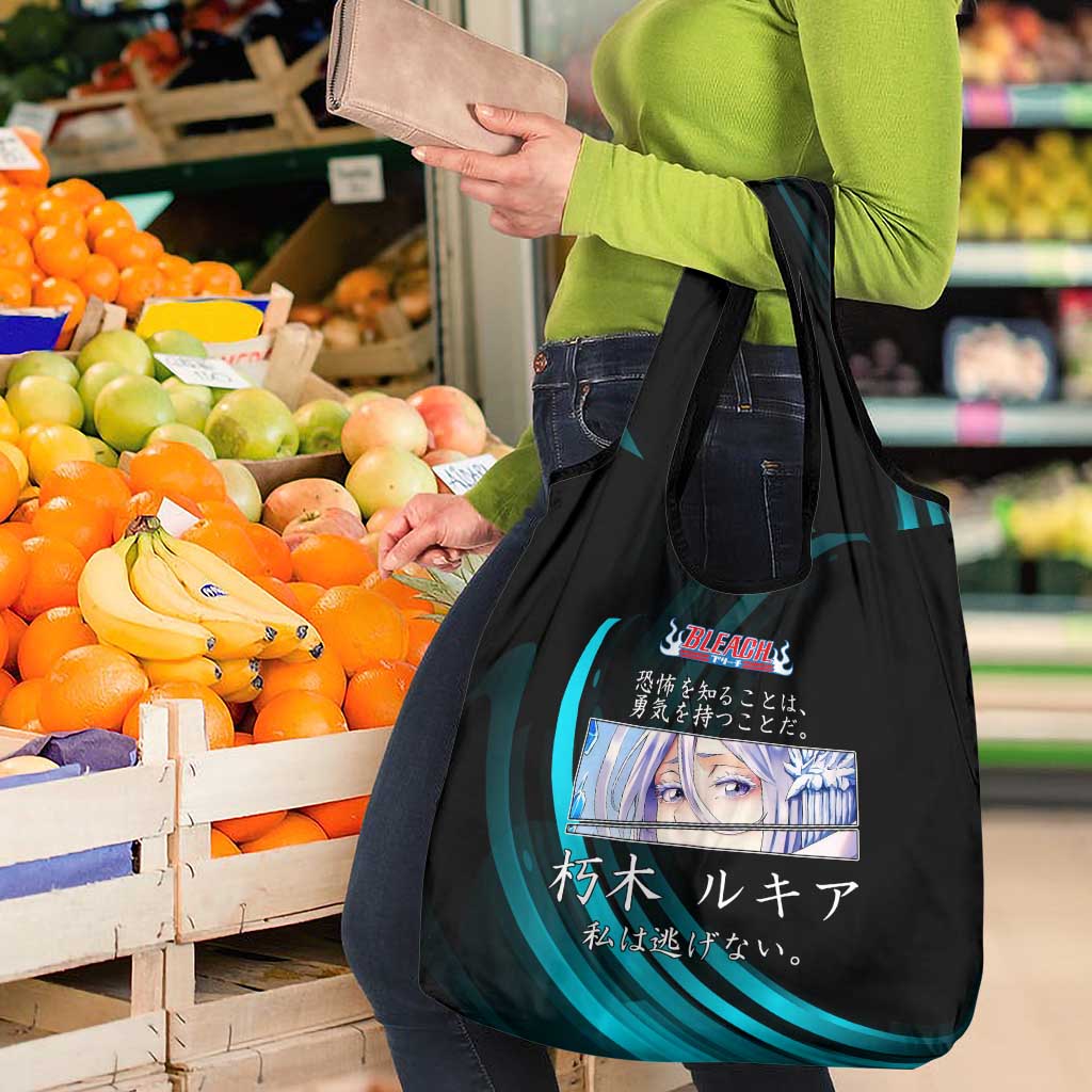 Rukia Kuchiki Bleach Anime Black and Teal Theme Grocery Bag with Zanpakuto Pose and Japanese Quote Design - The Mazicc