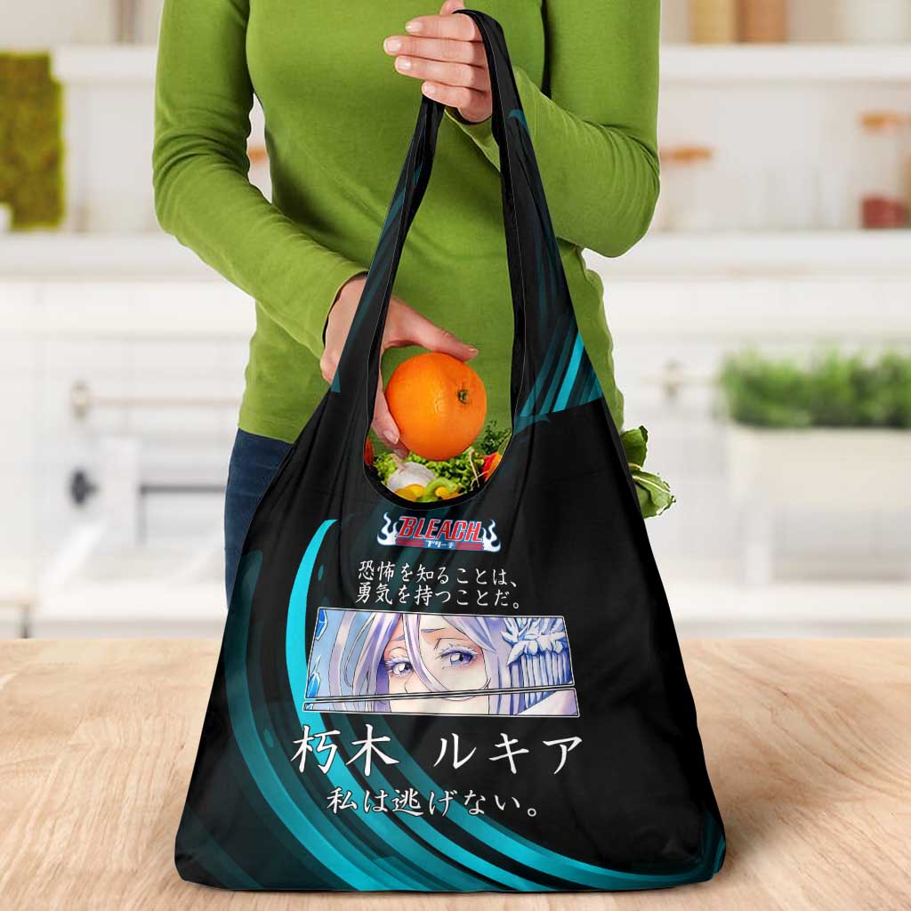 Rukia Kuchiki Bleach Anime Black and Teal Theme Grocery Bag with Zanpakuto Pose and Japanese Quote Design - The Mazicc