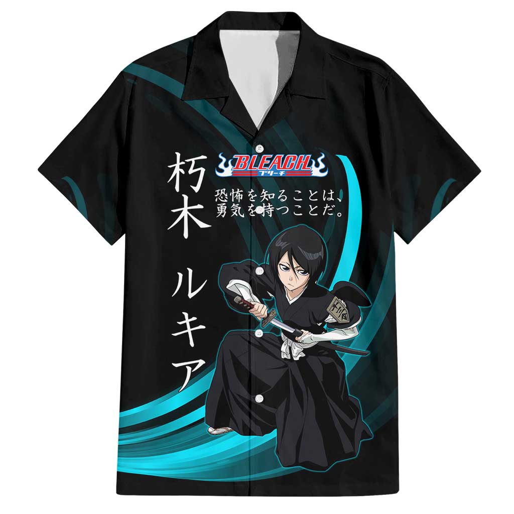 Rukia Kuchiki Bleach Anime Black and Teal Theme Hawaiian Shirt with Zanpakuto Pose and Japanese Quote Design - The Mazicc
