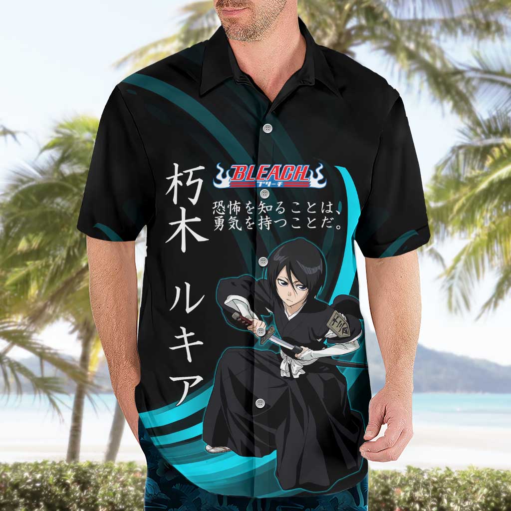 Rukia Kuchiki Bleach Anime Black and Teal Theme Hawaiian Shirt with Zanpakuto Pose and Japanese Quote Design - The Mazicc