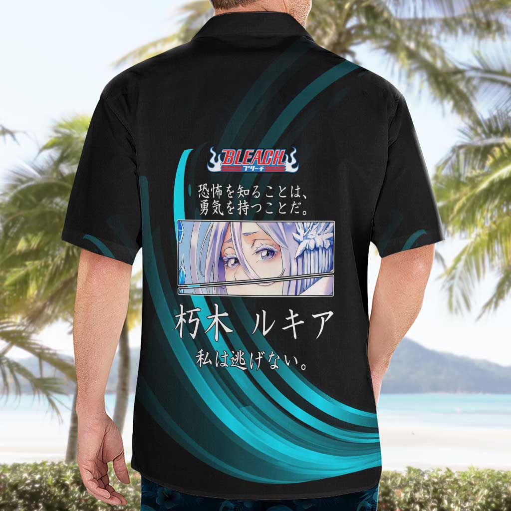 Rukia Kuchiki Bleach Anime Black and Teal Theme Hawaiian Shirt with Zanpakuto Pose and Japanese Quote Design - The Mazicc