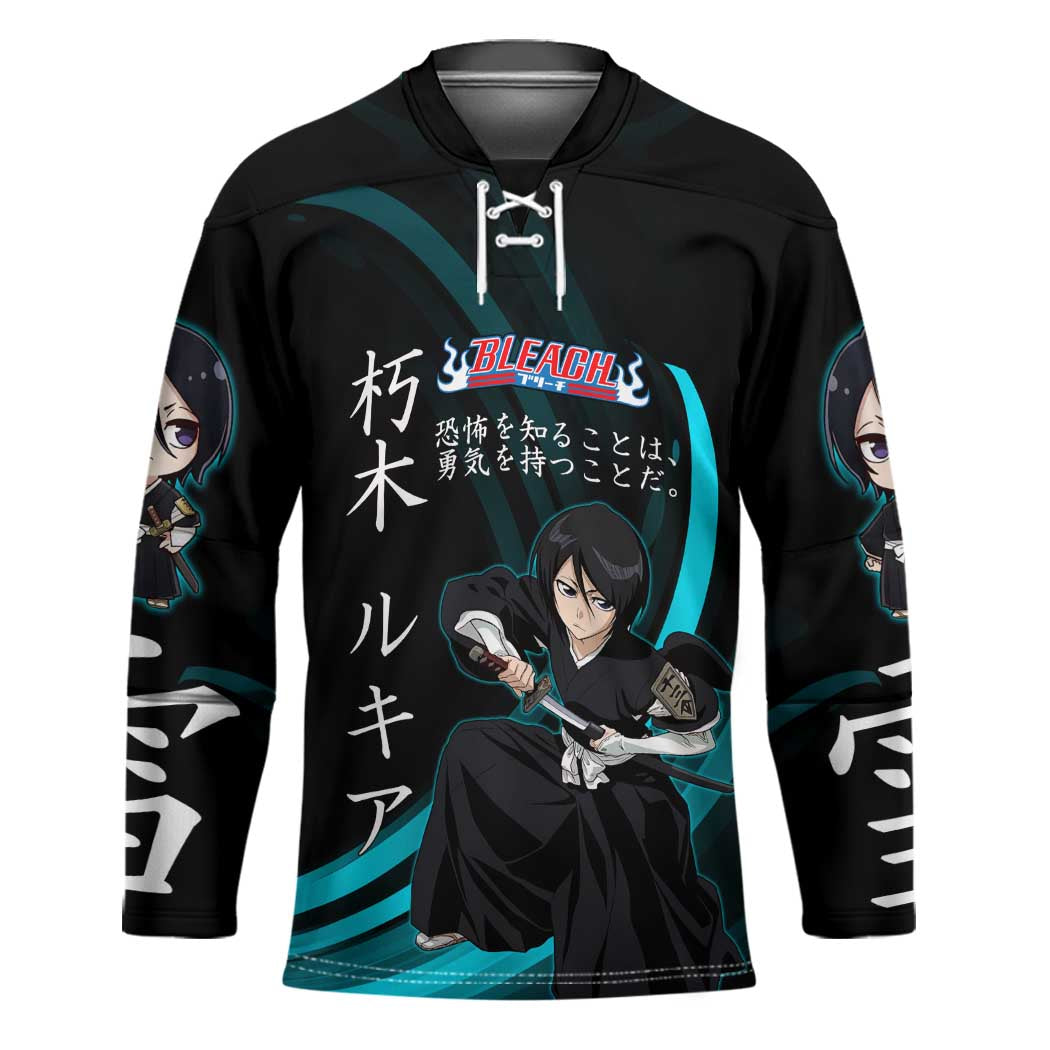 Rukia Kuchiki Bleach Anime Black and Teal Theme Hockey Jersey with Zanpakuto Pose and Japanese Quote Design - The Mazicc