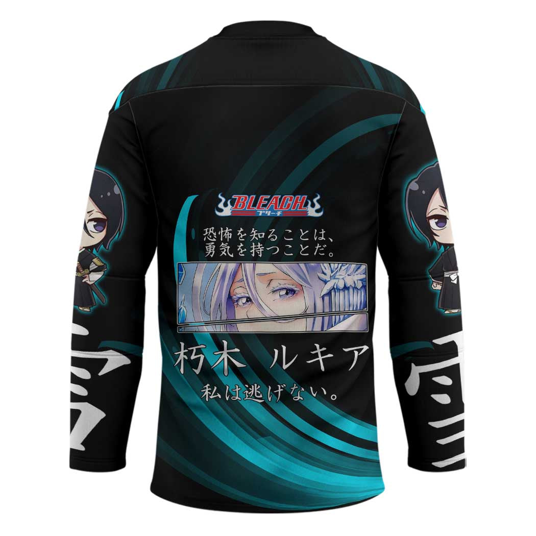 Rukia Kuchiki Bleach Anime Black and Teal Theme Hockey Jersey with Zanpakuto Pose and Japanese Quote Design - The Mazicc