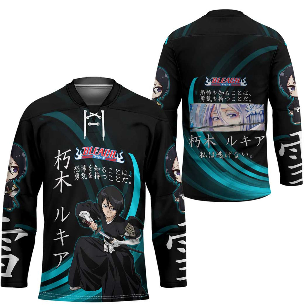 Rukia Kuchiki Bleach Anime Black and Teal Theme Hockey Jersey with Zanpakuto Pose and Japanese Quote Design - The Mazicc