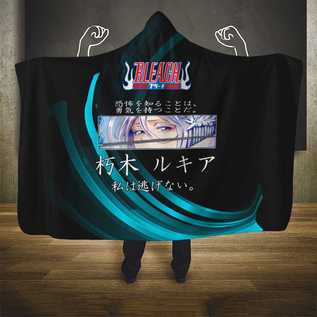 Rukia Kuchiki Bleach Anime Black and Teal Theme Hooded Blanket with Zanpakuto Pose and Japanese Quote Design - The Mazicc