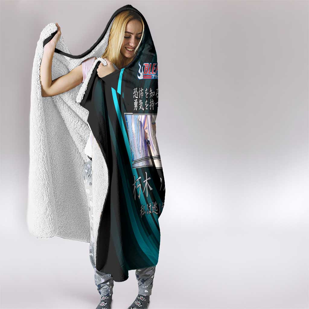 Rukia Kuchiki Bleach Anime Black and Teal Theme Hooded Blanket with Zanpakuto Pose and Japanese Quote Design - The Mazicc