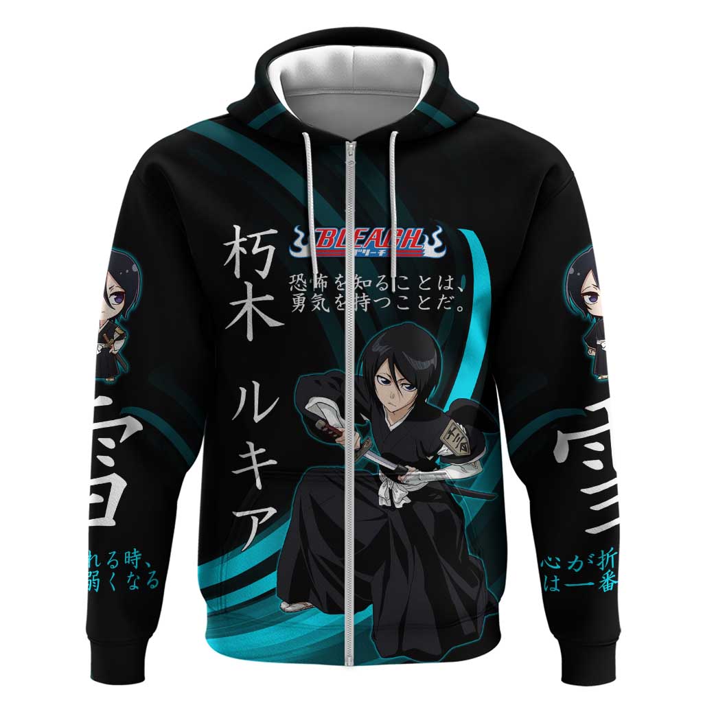 Rukia Kuchiki Bleach Anime Black and Teal Theme Hoodie with Zanpakuto Pose and Japanese Quote Design - The Mazicc