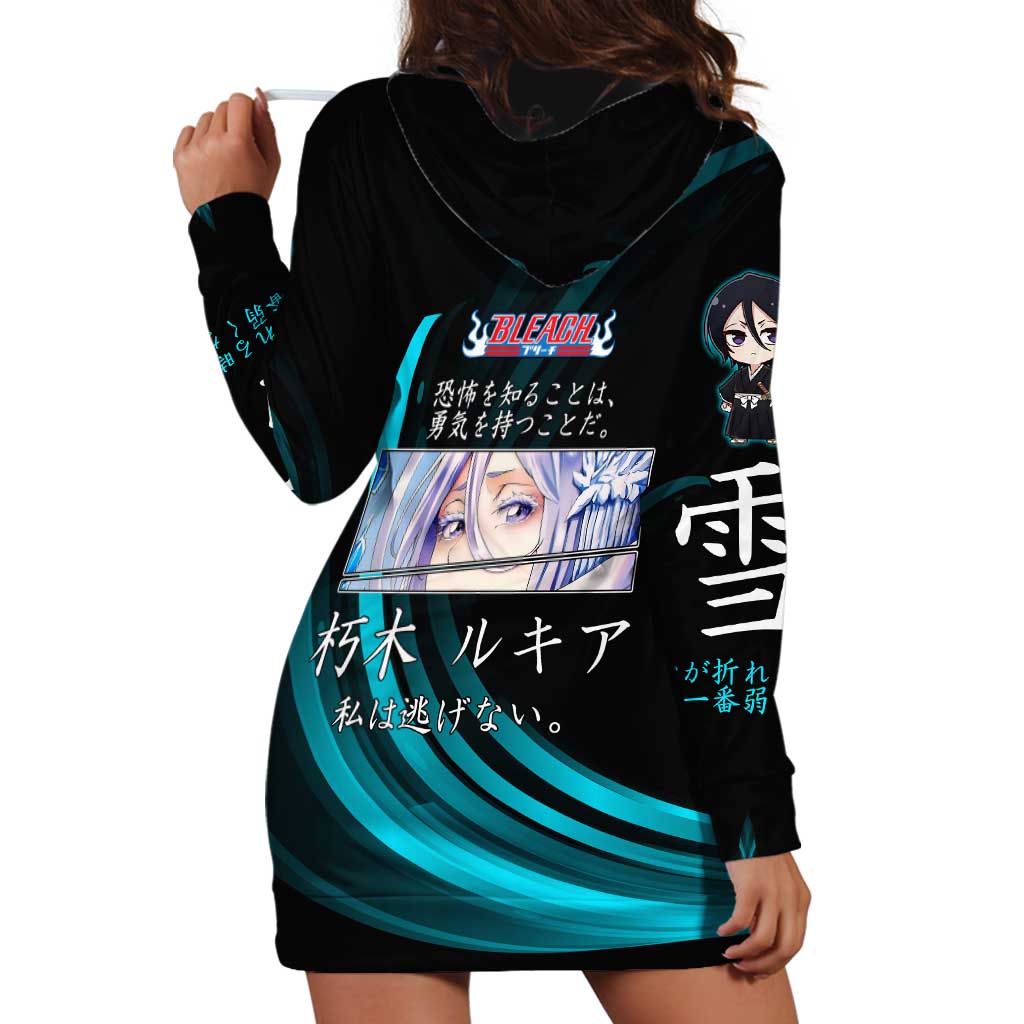 Rukia Kuchiki Bleach Anime Black and Teal Theme Hoodie Dress with Zanpakuto Pose and Japanese Quote Design - The Mazicc