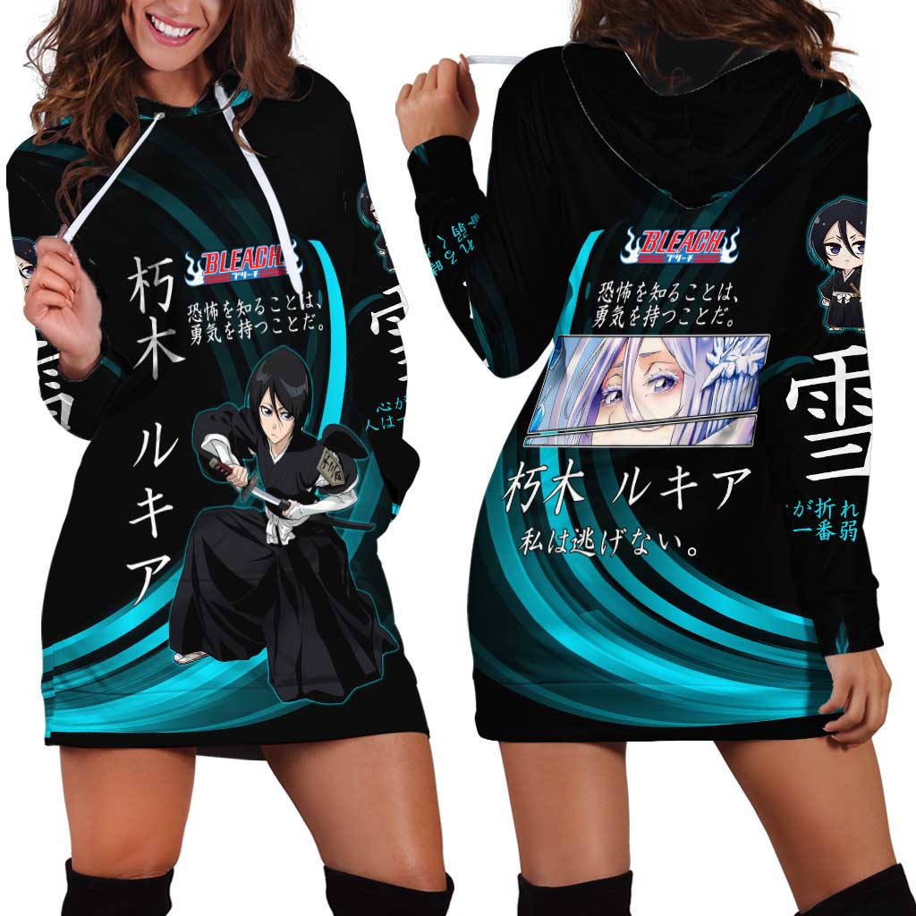 Rukia Kuchiki Bleach Anime Black and Teal Theme Hoodie Dress with Zanpakuto Pose and Japanese Quote Design - The Mazicc