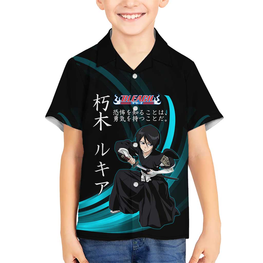 Rukia Kuchiki Bleach Anime Black and Teal Theme Kid Hawaiian Shirt with Zanpakuto Pose and Japanese Quote Design - The Mazicc