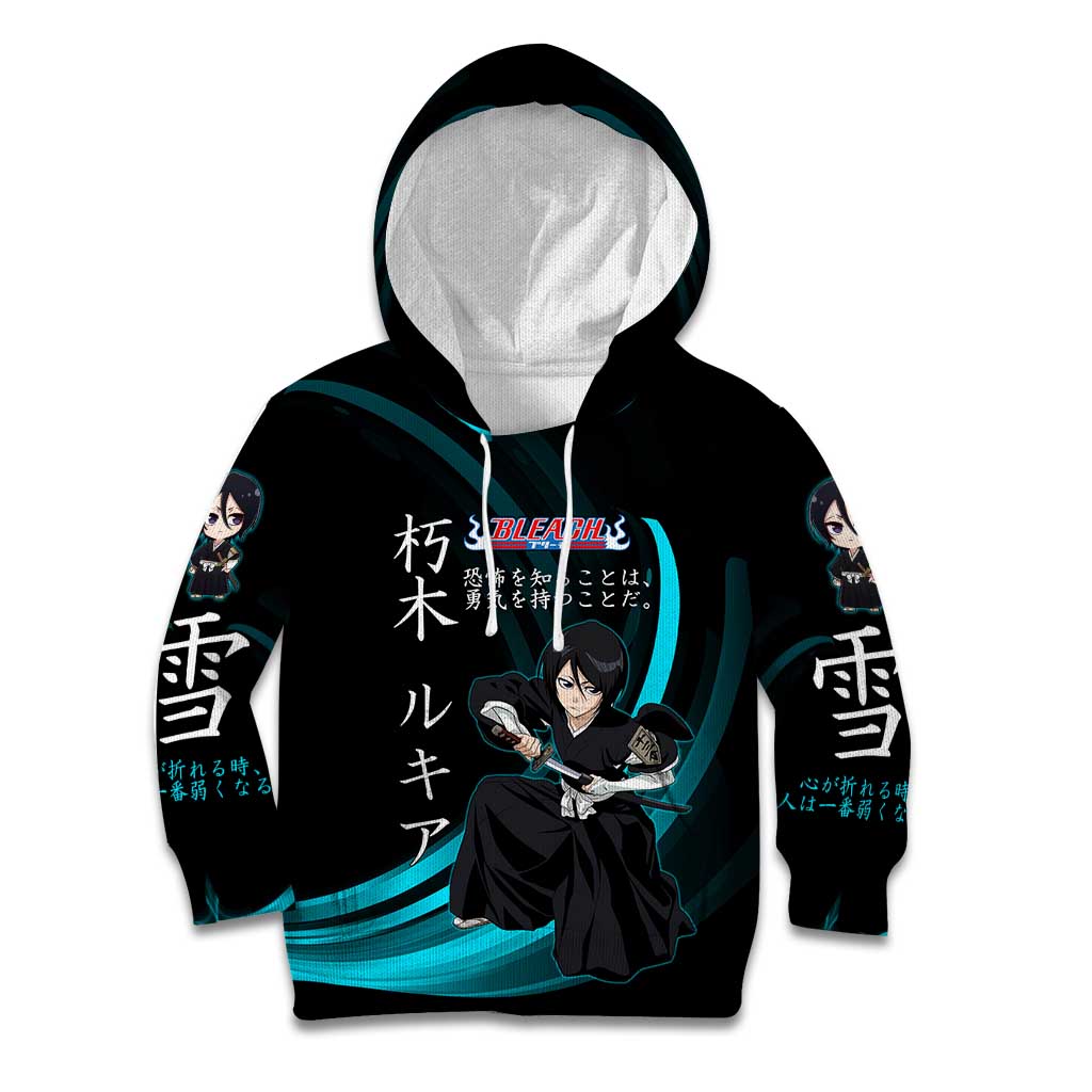 Rukia Kuchiki Bleach Anime Black and Teal Theme Kid Hoodie with Zanpakuto Pose and Japanese Quote Design - The Mazicc