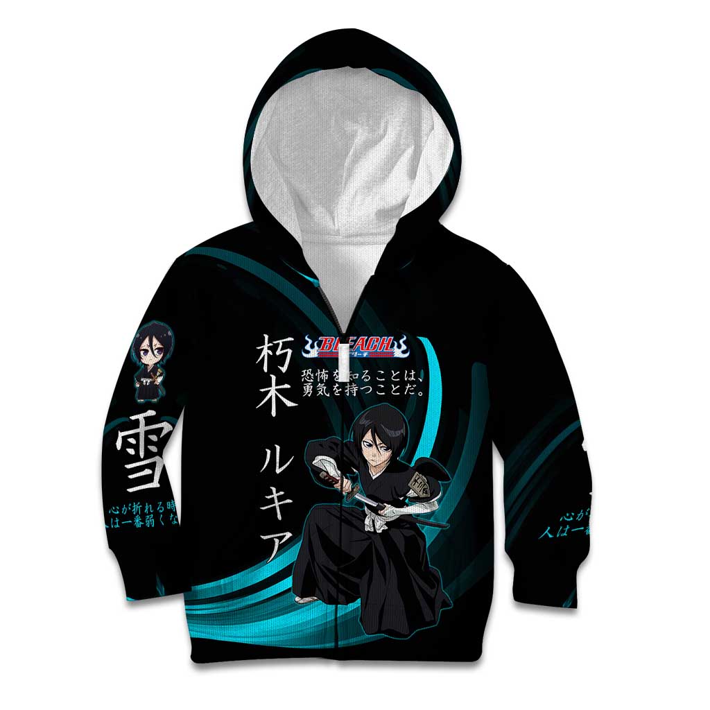 Rukia Kuchiki Bleach Anime Black and Teal Theme Kid Hoodie with Zanpakuto Pose and Japanese Quote Design - The Mazicc