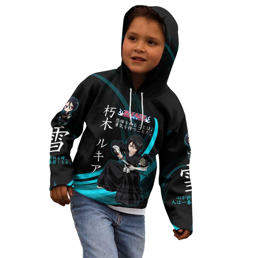 Rukia Kuchiki Bleach Anime Black and Teal Theme Kid Hoodie with Zanpakuto Pose and Japanese Quote Design - The Mazicc