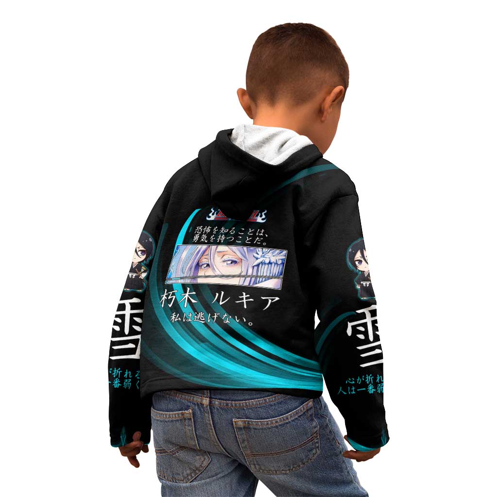 Rukia Kuchiki Bleach Anime Black and Teal Theme Kid Hoodie with Zanpakuto Pose and Japanese Quote Design - The Mazicc