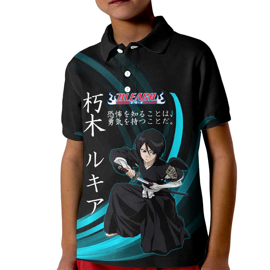 Rukia Kuchiki Bleach Anime Black and Teal Theme Kid Polo Shirt with Zanpakuto Pose and Japanese Quote Design - The Mazicc