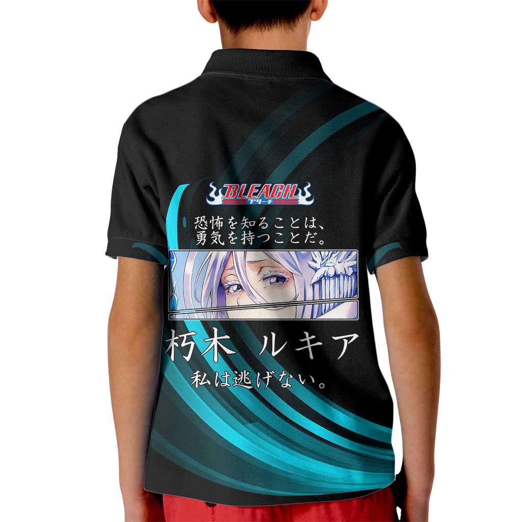 Rukia Kuchiki Bleach Anime Black and Teal Theme Kid Polo Shirt with Zanpakuto Pose and Japanese Quote Design - The Mazicc