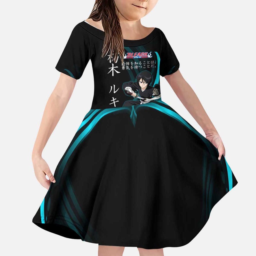 Rukia Kuchiki Bleach Anime Black and Teal Theme Kid Short Sleeve Dress with Zanpakuto Pose and Japanese Quote Design - The Mazicc