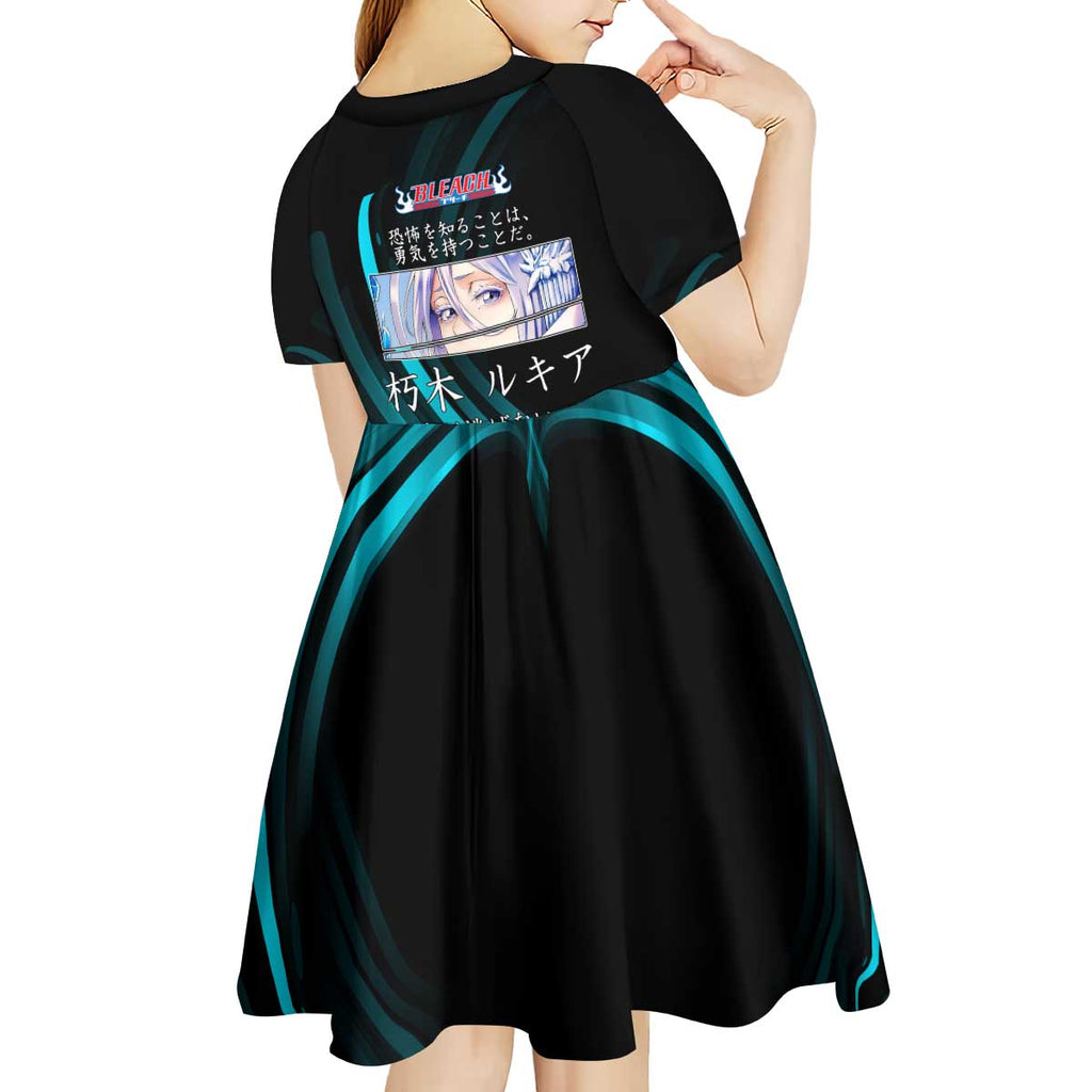 Rukia Kuchiki Bleach Anime Black and Teal Theme Kid Short Sleeve Dress with Zanpakuto Pose and Japanese Quote Design - The Mazicc