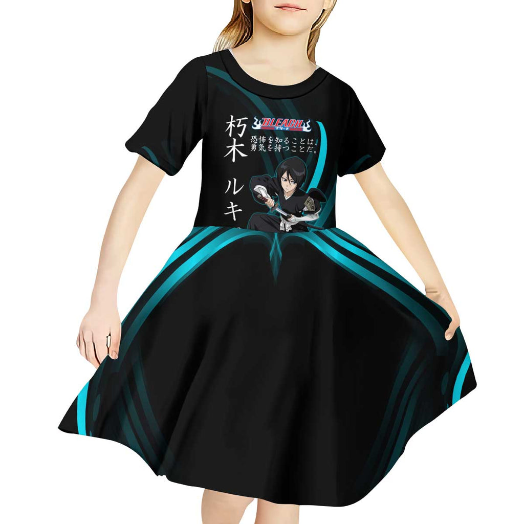 Rukia Kuchiki Bleach Anime Black and Teal Theme Kid Short Sleeve Dress with Zanpakuto Pose and Japanese Quote Design - The Mazicc