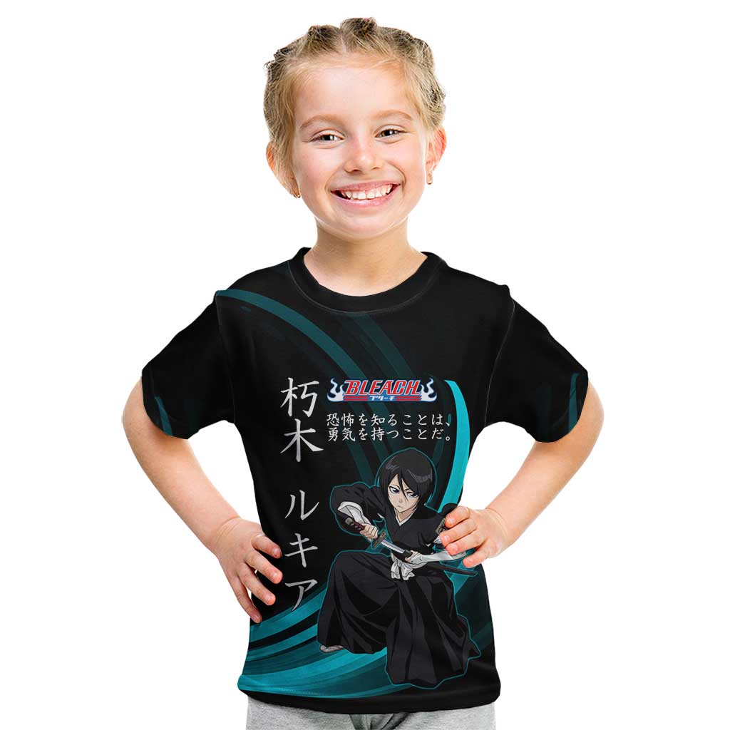 Rukia Kuchiki Bleach Anime Black and Teal Theme Kid T Shirt with Zanpakuto Pose and Japanese Quote Design - The Mazicc