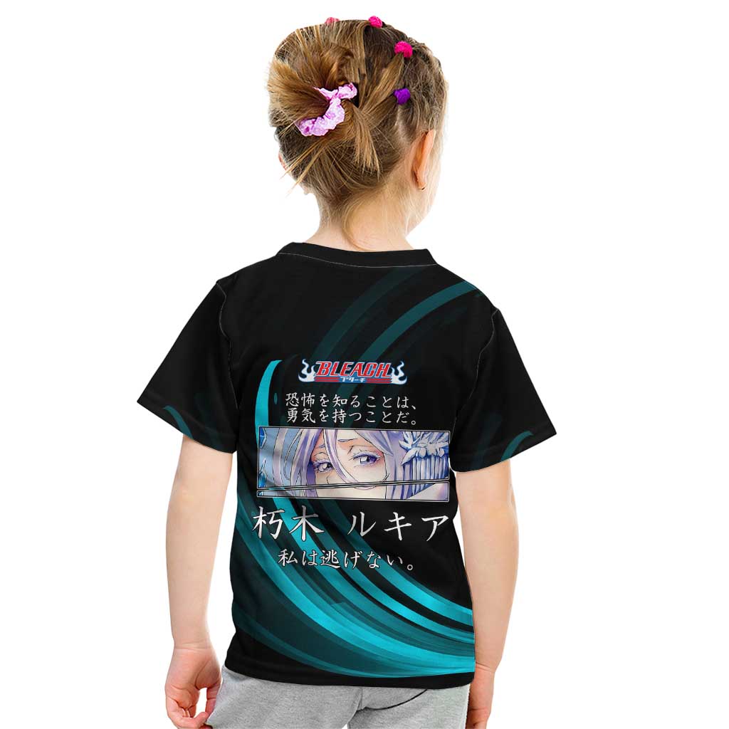 Rukia Kuchiki Bleach Anime Black and Teal Theme Kid T Shirt with Zanpakuto Pose and Japanese Quote Design - The Mazicc