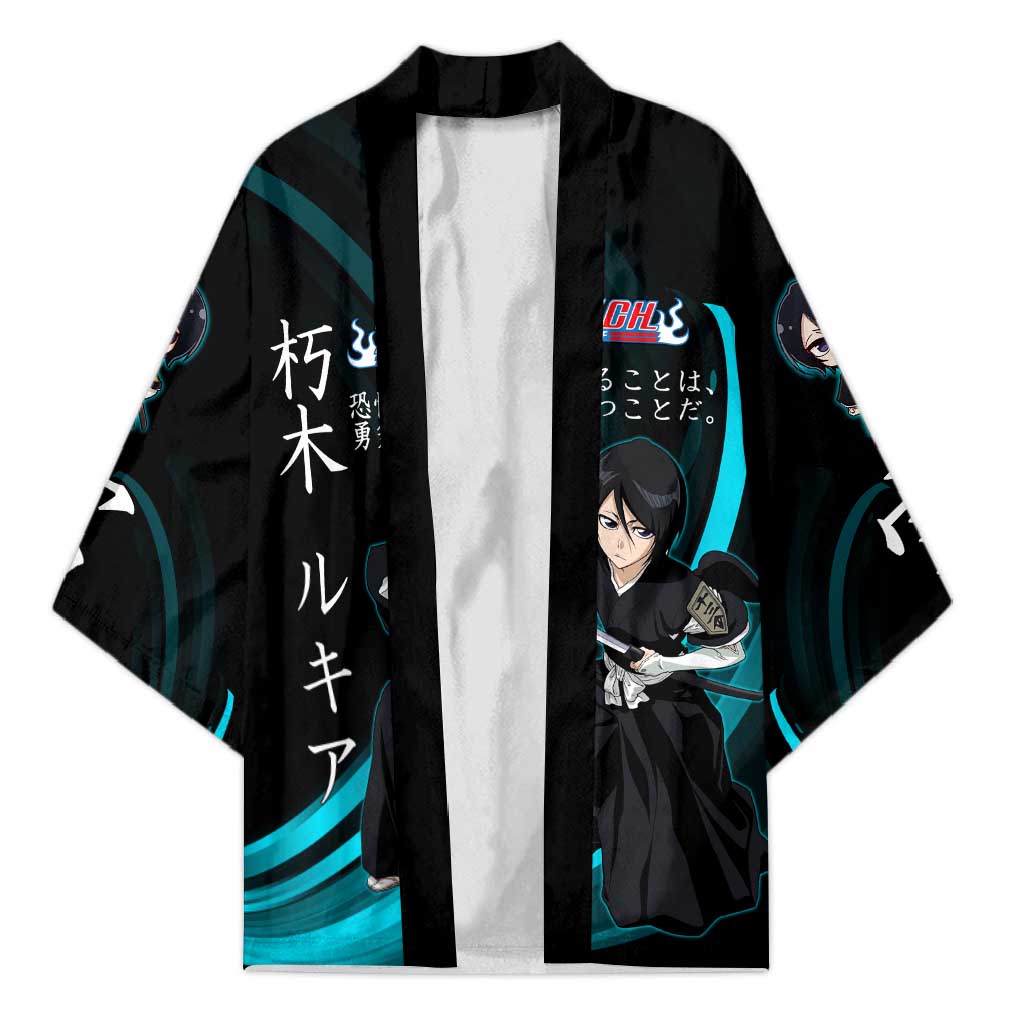 Rukia Kuchiki Bleach Anime Black and Teal Theme Kimono with Zanpakuto Pose and Japanese Quote Design - The Mazicc