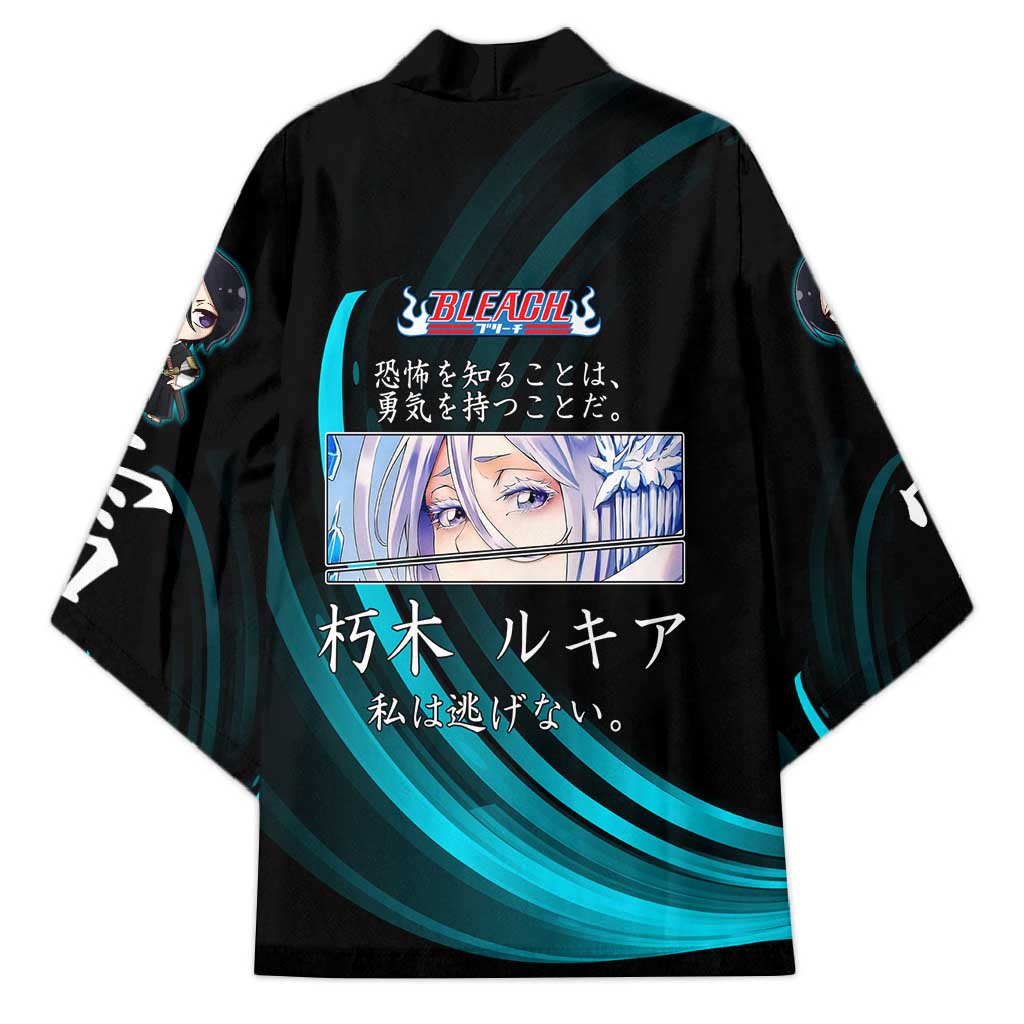 Rukia Kuchiki Bleach Anime Black and Teal Theme Kimono with Zanpakuto Pose and Japanese Quote Design - The Mazicc