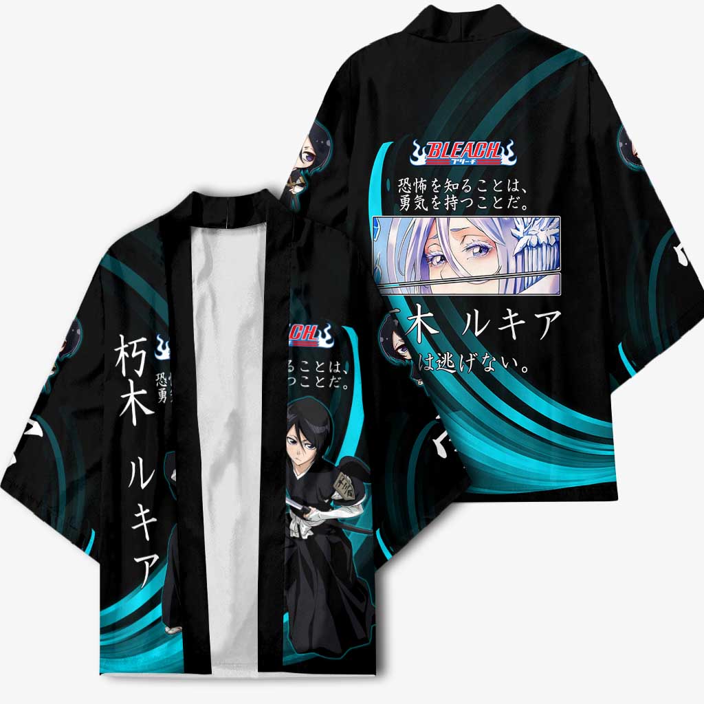 Rukia Kuchiki Bleach Anime Black and Teal Theme Kimono with Zanpakuto Pose and Japanese Quote Design - The Mazicc