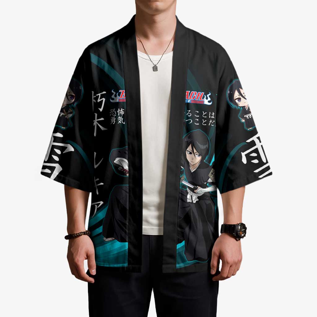 Rukia Kuchiki Bleach Anime Black and Teal Theme Kimono with Zanpakuto Pose and Japanese Quote Design - The Mazicc