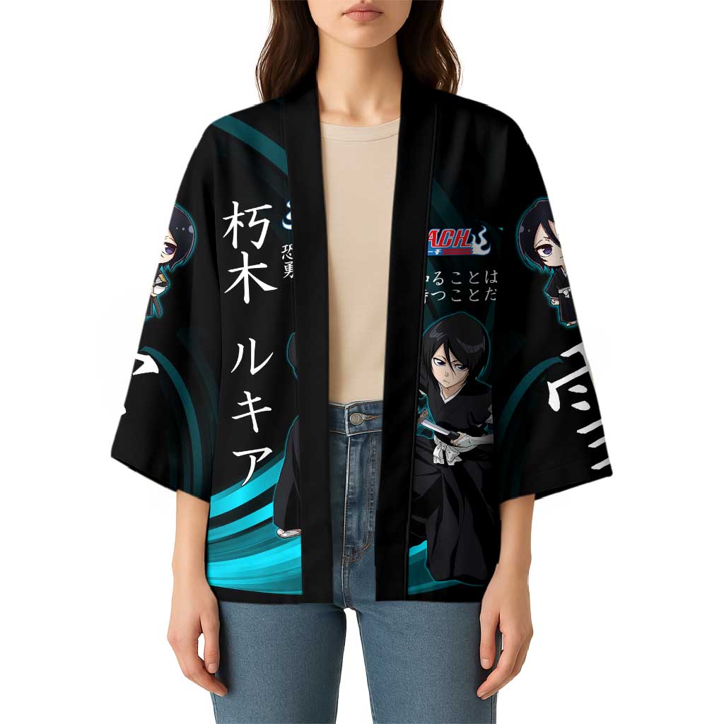 Rukia Kuchiki Bleach Anime Black and Teal Theme Kimono with Zanpakuto Pose and Japanese Quote Design - The Mazicc