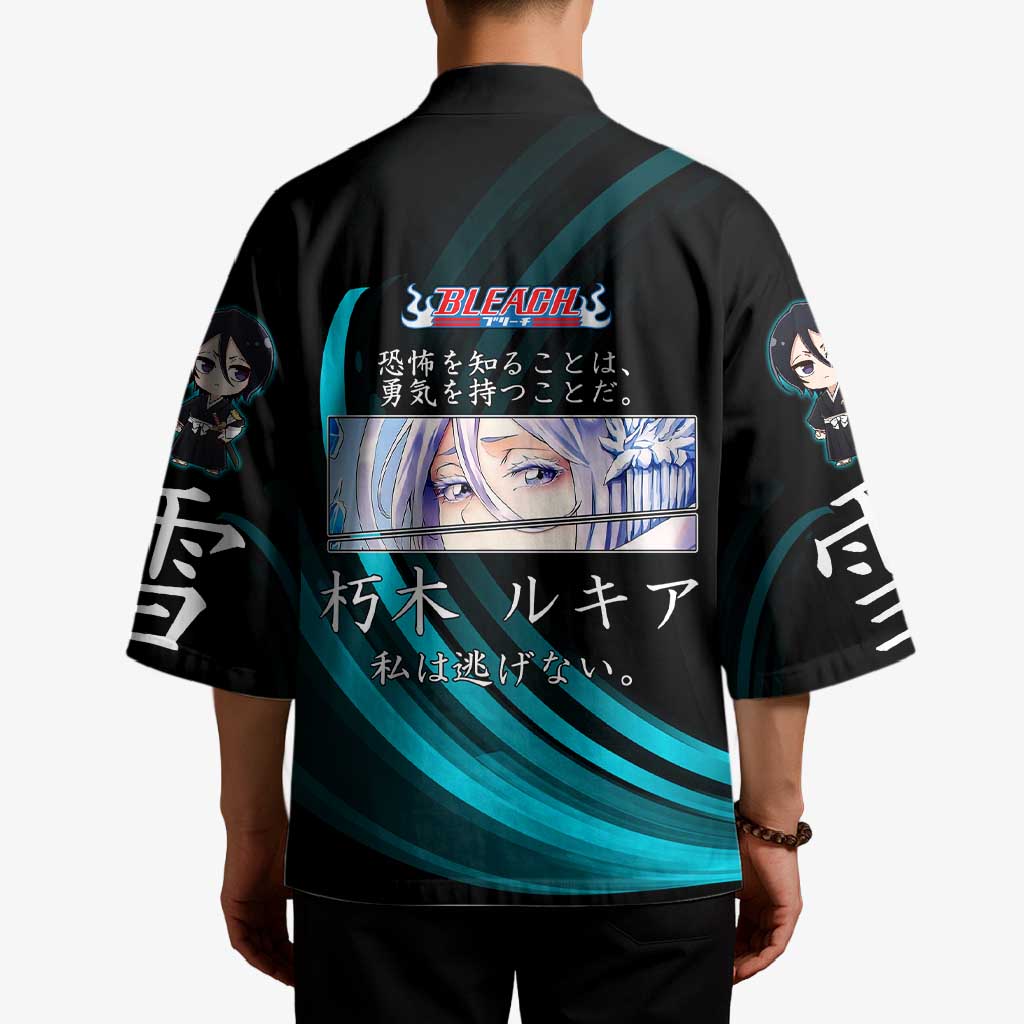 Rukia Kuchiki Bleach Anime Black and Teal Theme Kimono with Zanpakuto Pose and Japanese Quote Design - The Mazicc