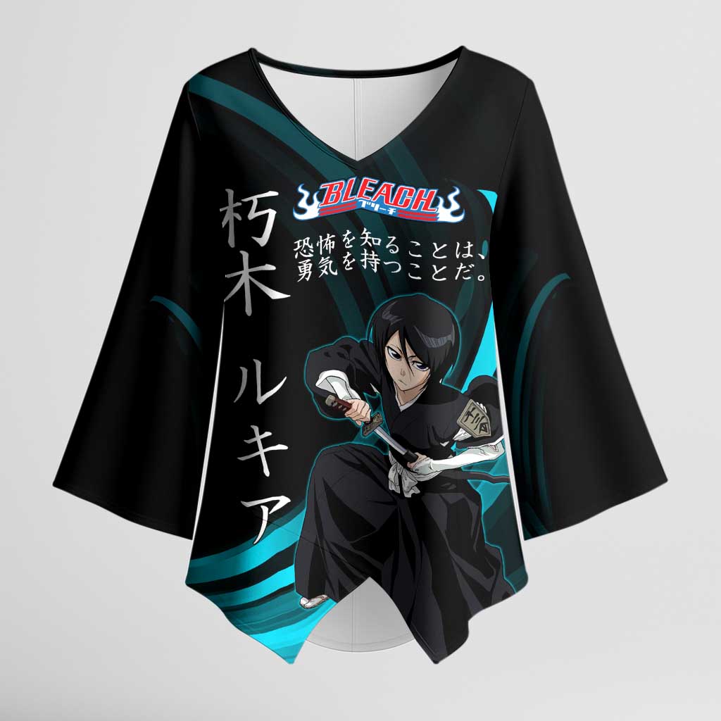 Rukia Kuchiki Bleach Anime Black and Teal Theme Kimono Sleeve Blouse with Zanpakuto Pose and Japanese Quote Design - The Mazicc