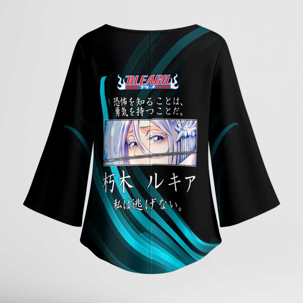 Rukia Kuchiki Bleach Anime Black and Teal Theme Kimono Sleeve Blouse with Zanpakuto Pose and Japanese Quote Design - The Mazicc