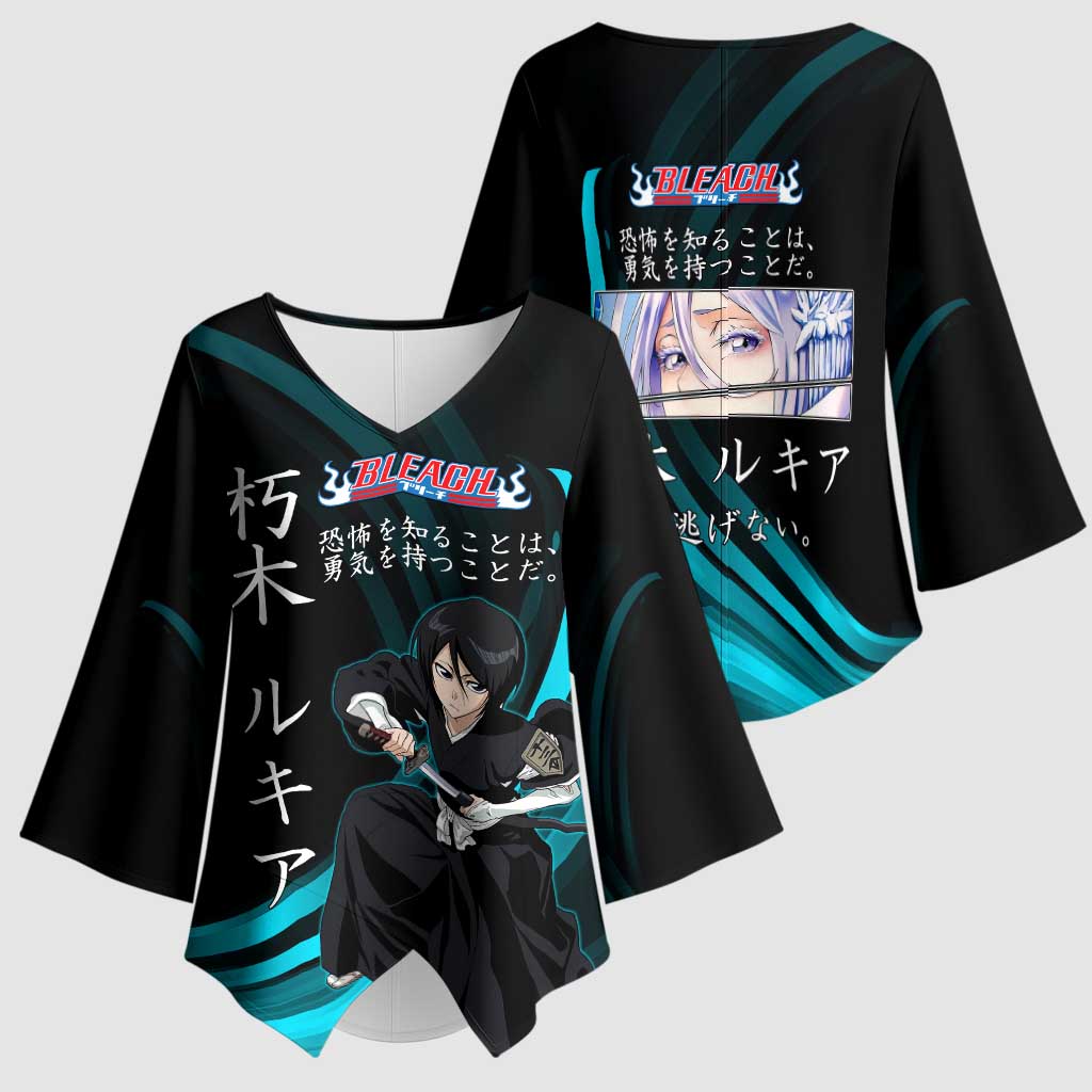 Rukia Kuchiki Bleach Anime Black and Teal Theme Kimono Sleeve Blouse with Zanpakuto Pose and Japanese Quote Design - The Mazicc