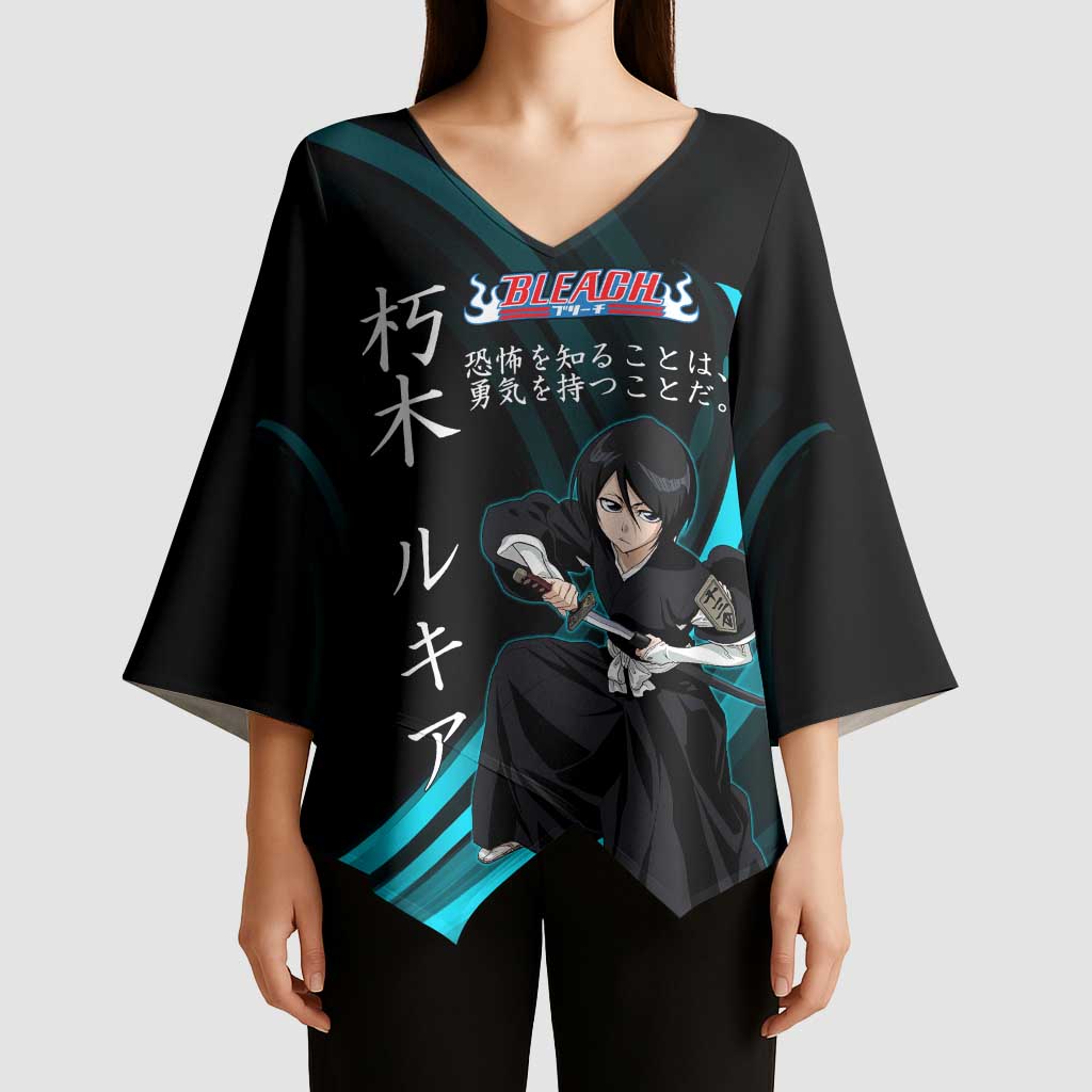 Rukia Kuchiki Bleach Anime Black and Teal Theme Kimono Sleeve Blouse with Zanpakuto Pose and Japanese Quote Design - The Mazicc
