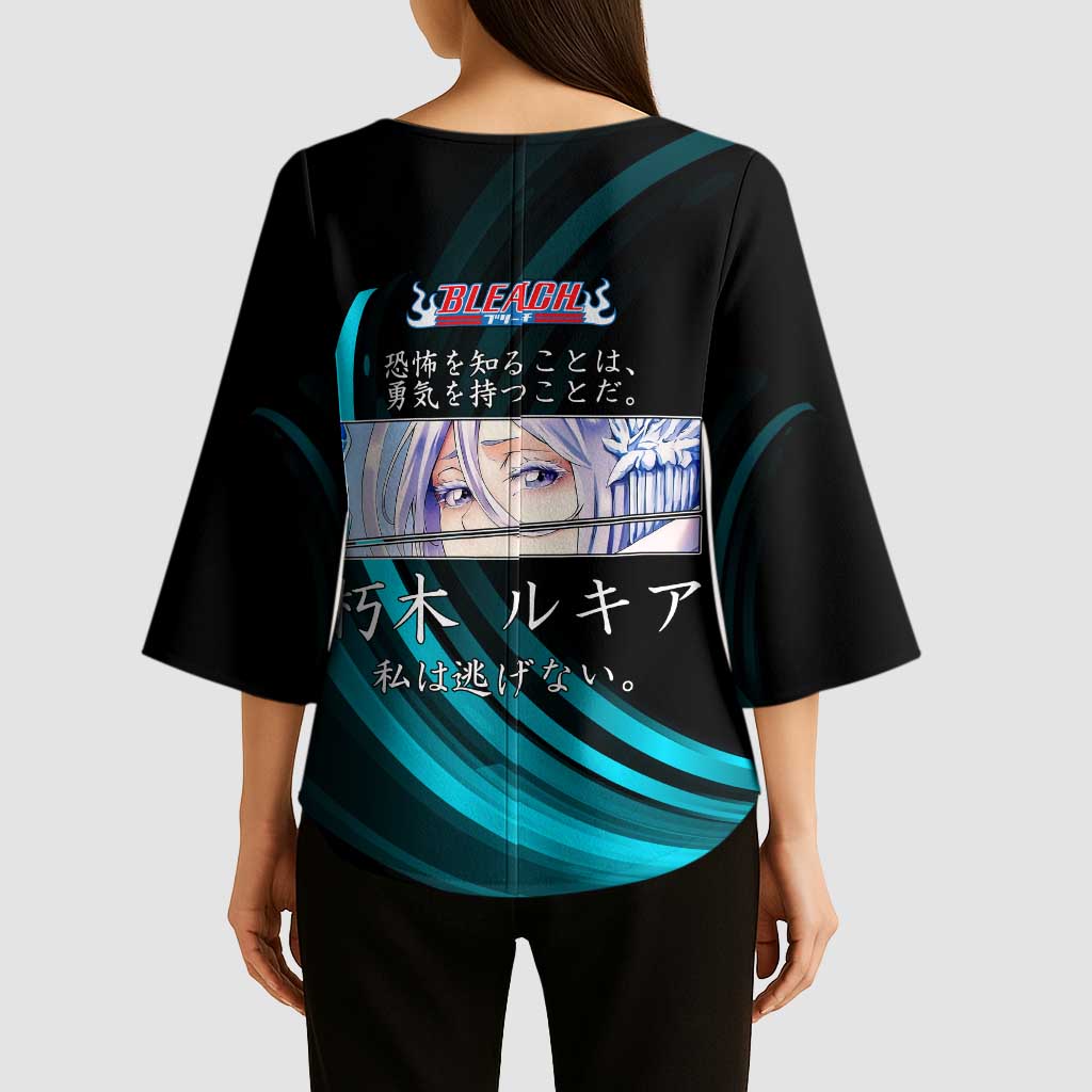 Rukia Kuchiki Bleach Anime Black and Teal Theme Kimono Sleeve Blouse with Zanpakuto Pose and Japanese Quote Design - The Mazicc
