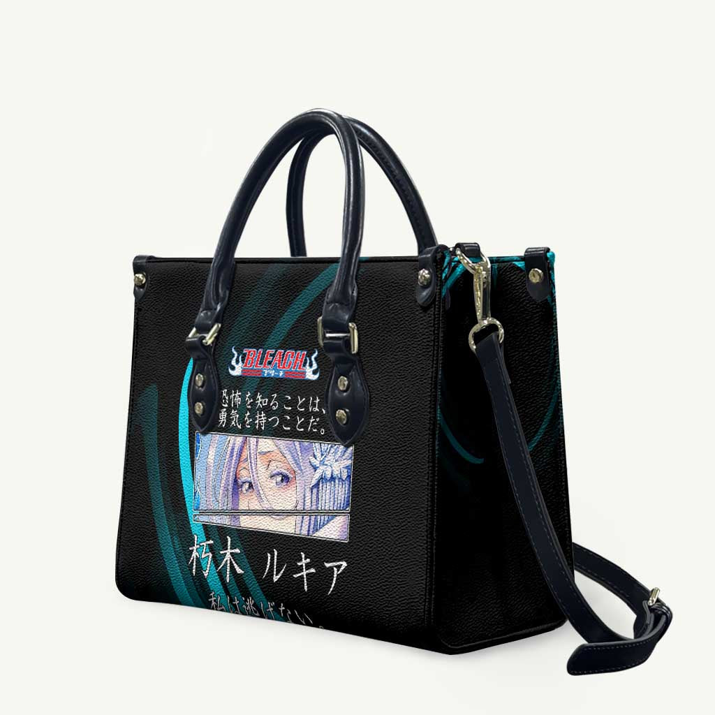 Rukia Kuchiki Bleach Anime Black and Teal Theme Leather Bag with Zanpakuto Pose and Japanese Quote Design - The Mazicc