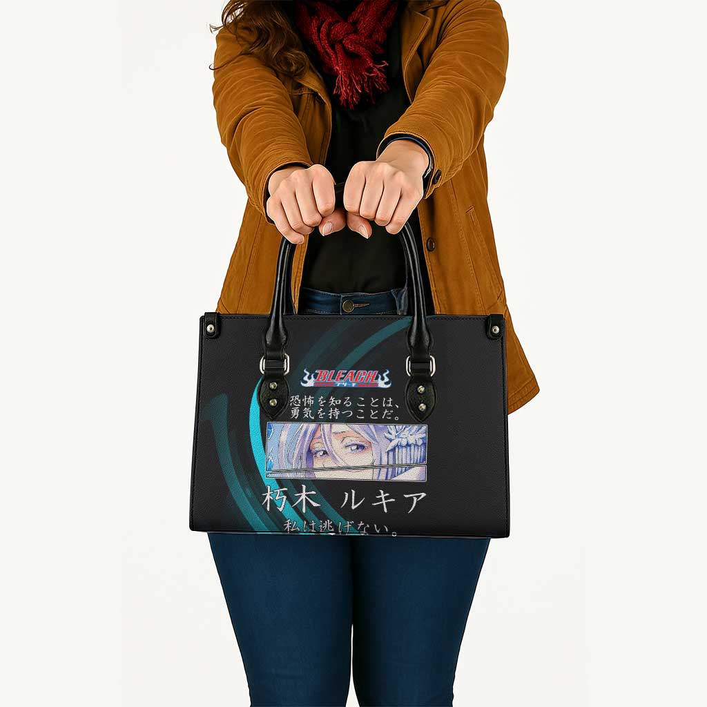 Rukia Kuchiki Bleach Anime Black and Teal Theme Leather Bag with Zanpakuto Pose and Japanese Quote Design - The Mazicc