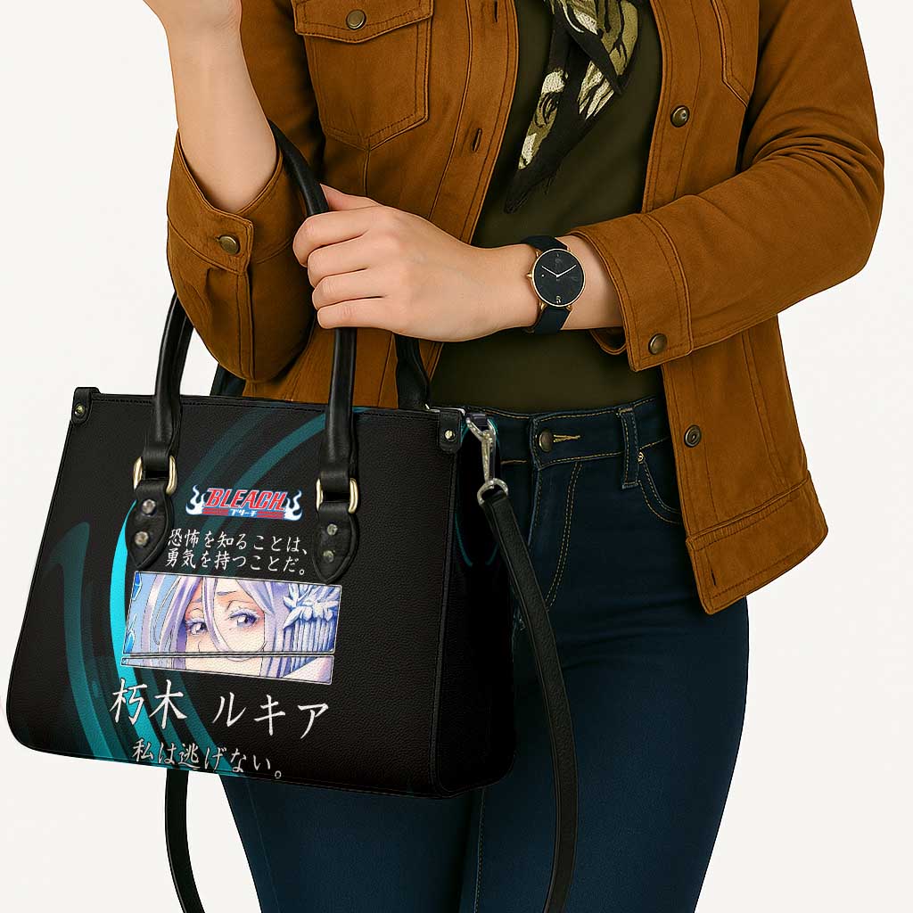 Rukia Kuchiki Bleach Anime Black and Teal Theme Leather Bag with Zanpakuto Pose and Japanese Quote Design - The Mazicc