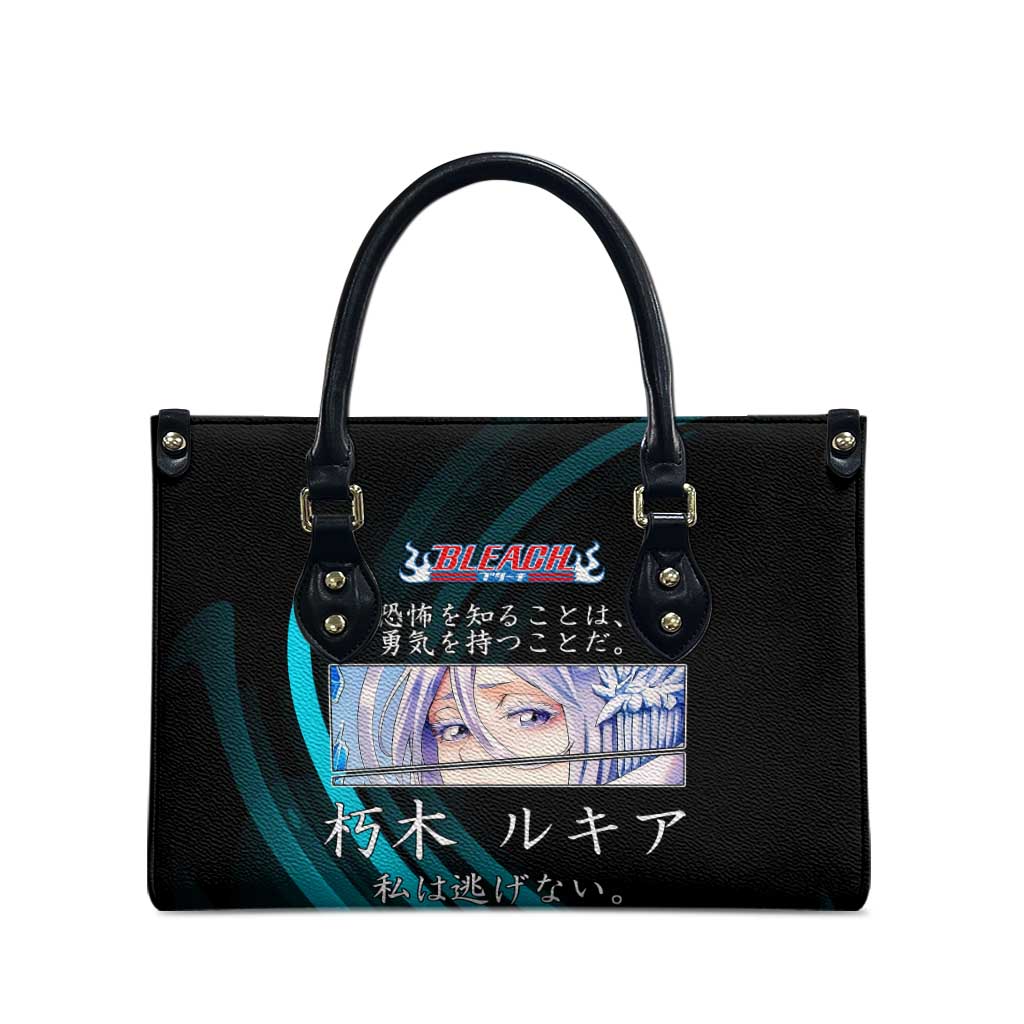 Rukia Kuchiki Bleach Anime Black and Teal Theme Leather Bag with Zanpakuto Pose and Japanese Quote Design - The Mazicc